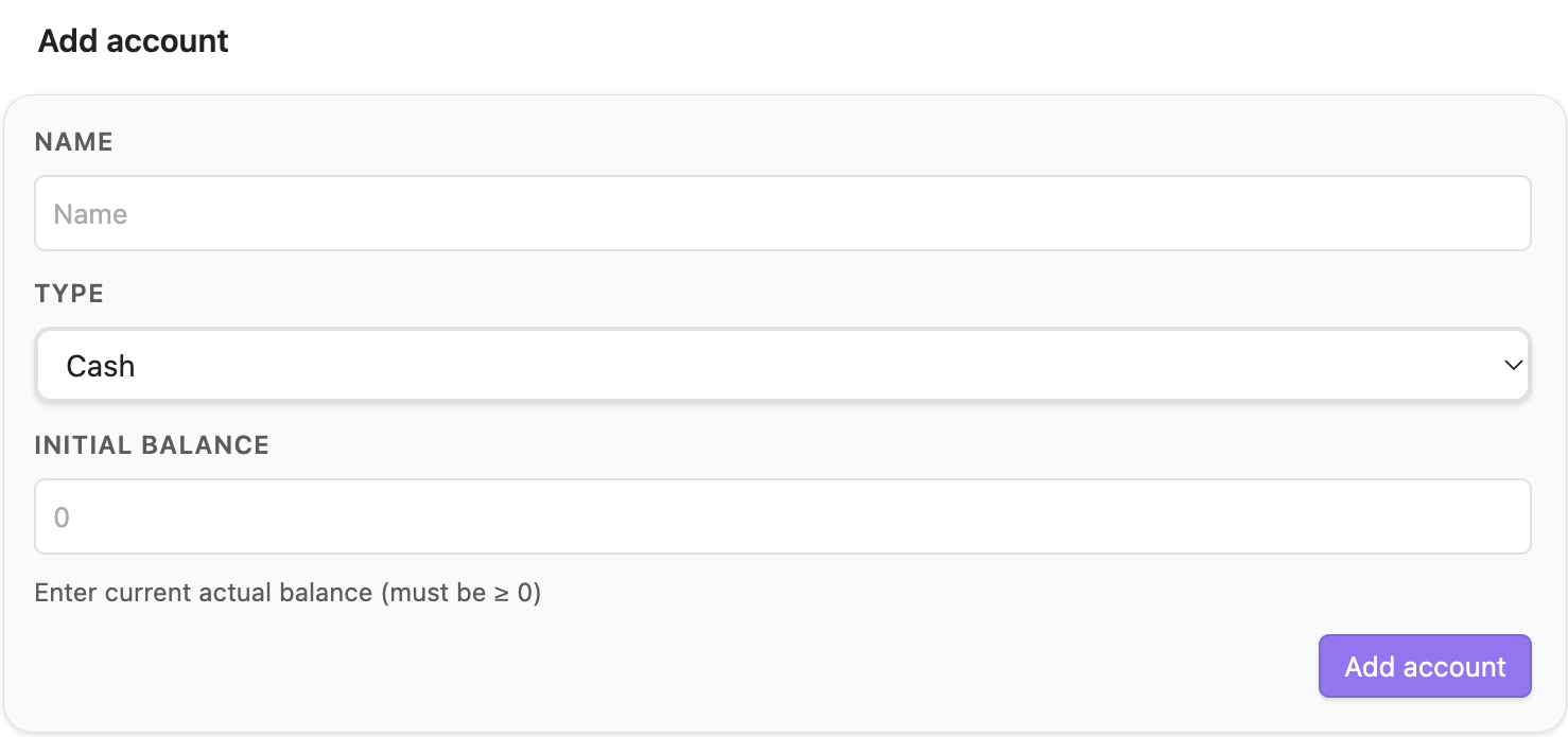 Add account form in Settings